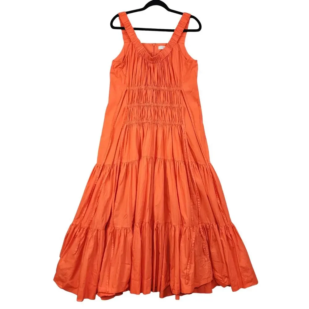 Eudon Choi Womens Midi Ruched Tiered Dress Size 12 Orange Tiered Smocked Peasant